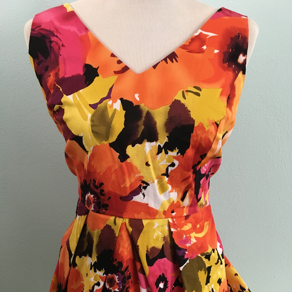 Orange Floral Print Sleeveless Dress